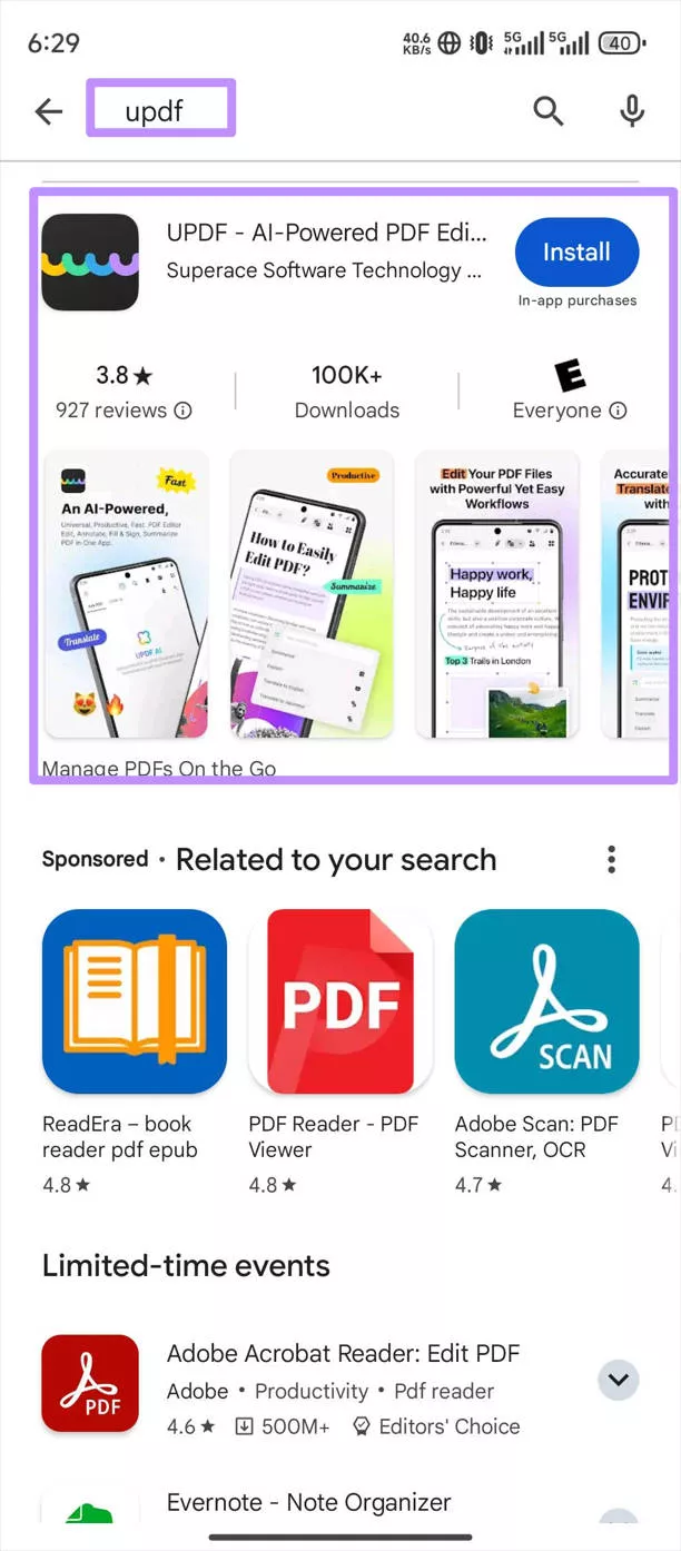 Search and install UPDF on Android in Play Store