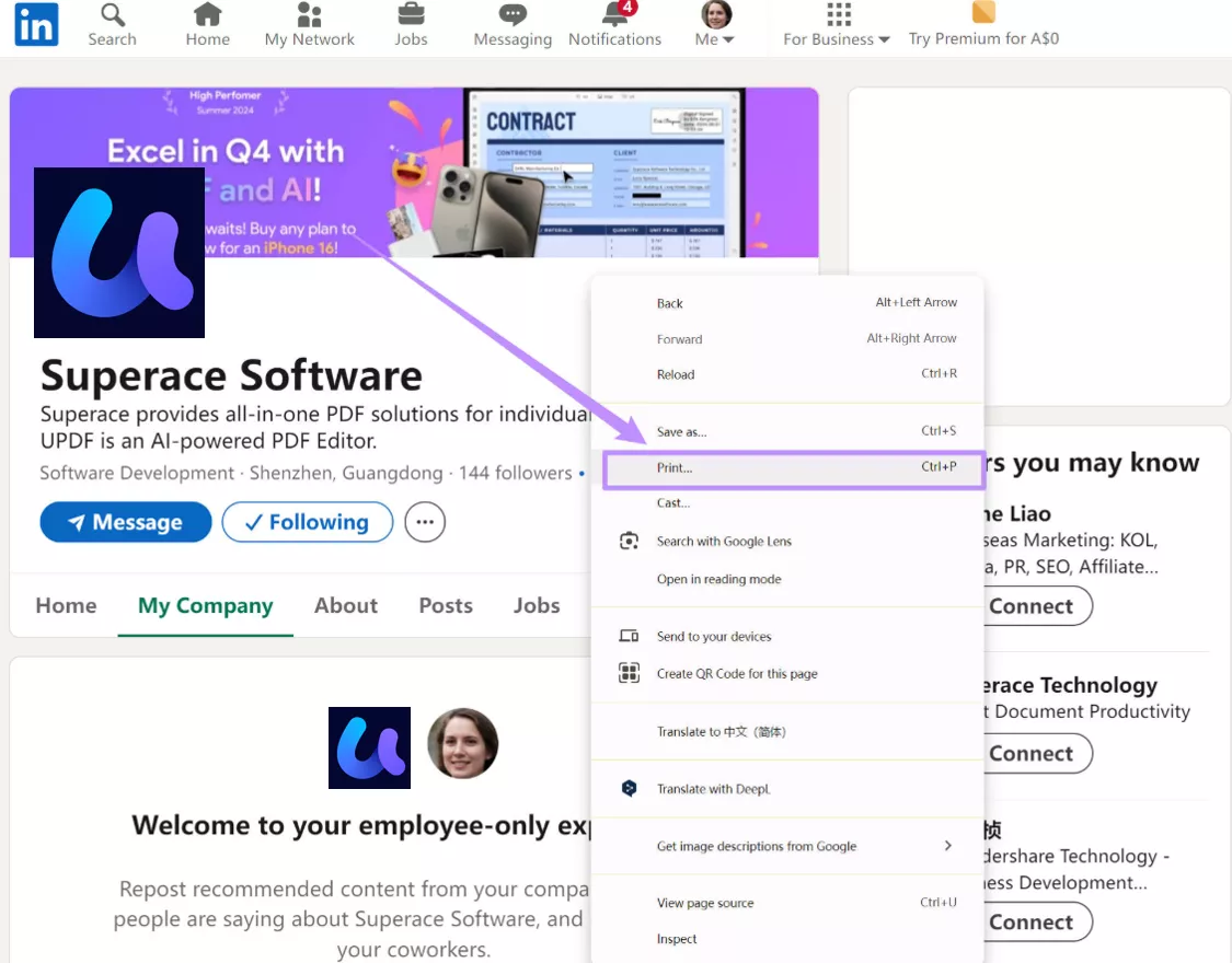 select print in linkedin
