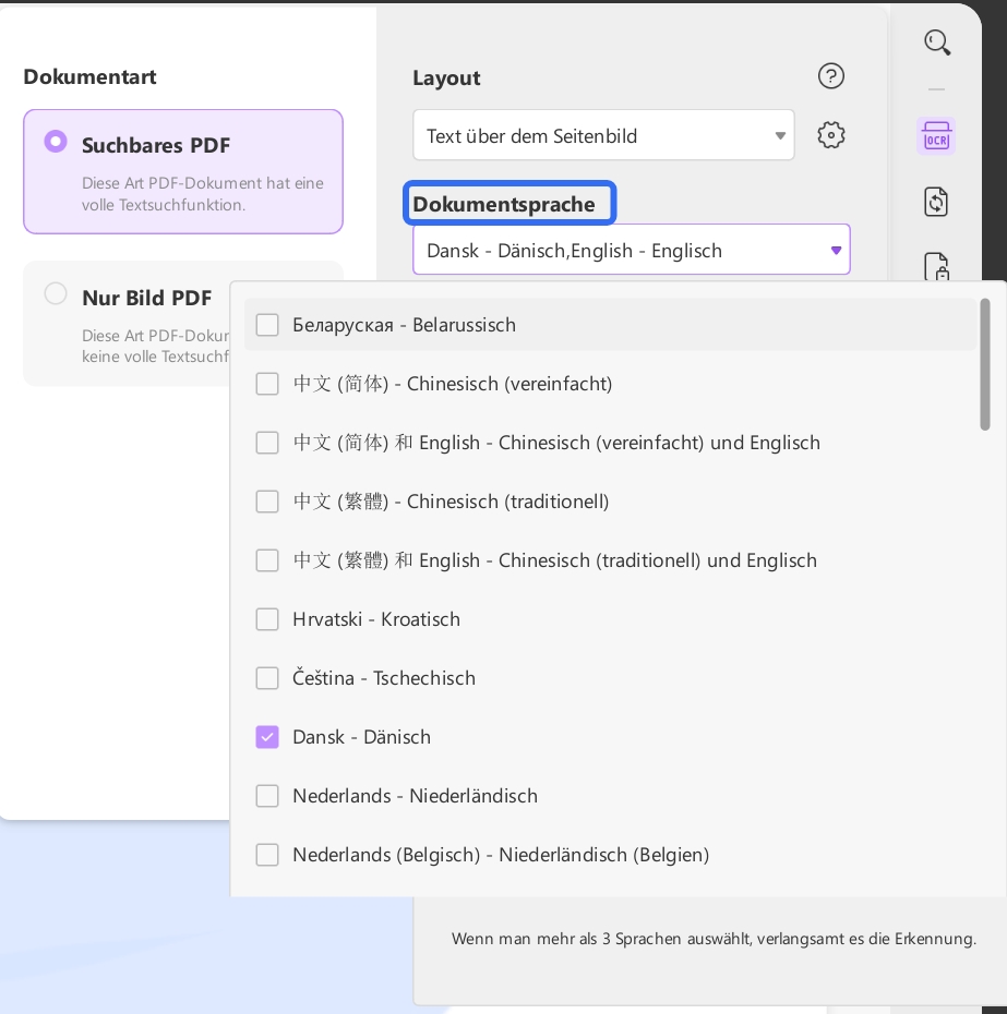 Sprache des Dokuments auswählen