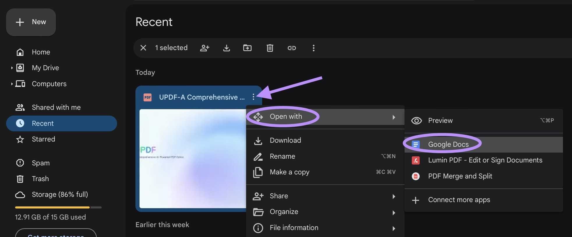 open with google docs in google drive