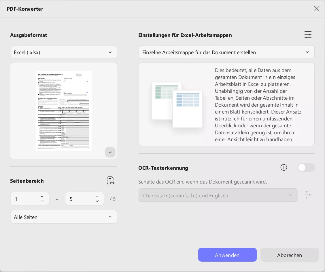 Die Einstellungen für die Konvertierung von PDF in Excel anpassen