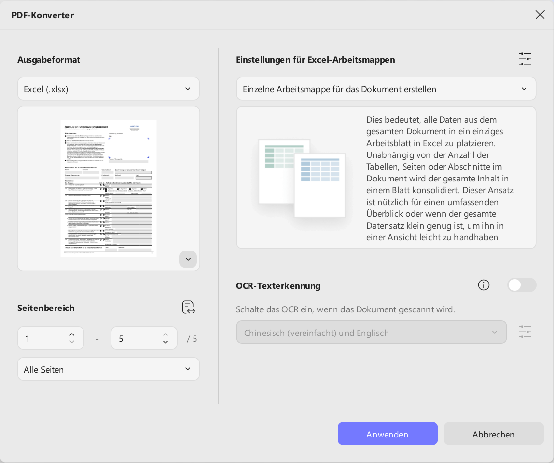 Die Einstellungen für die Konvertierung von PDF in Excel anpassen