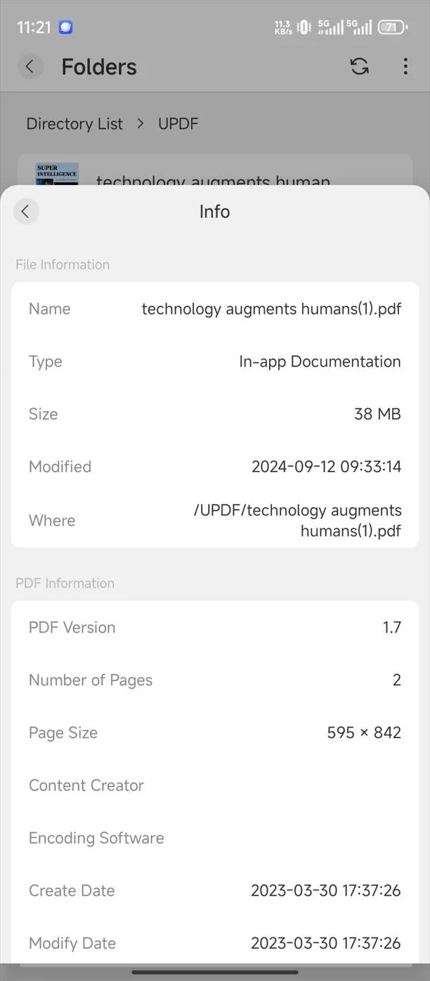 PDF info in UPDF on Android