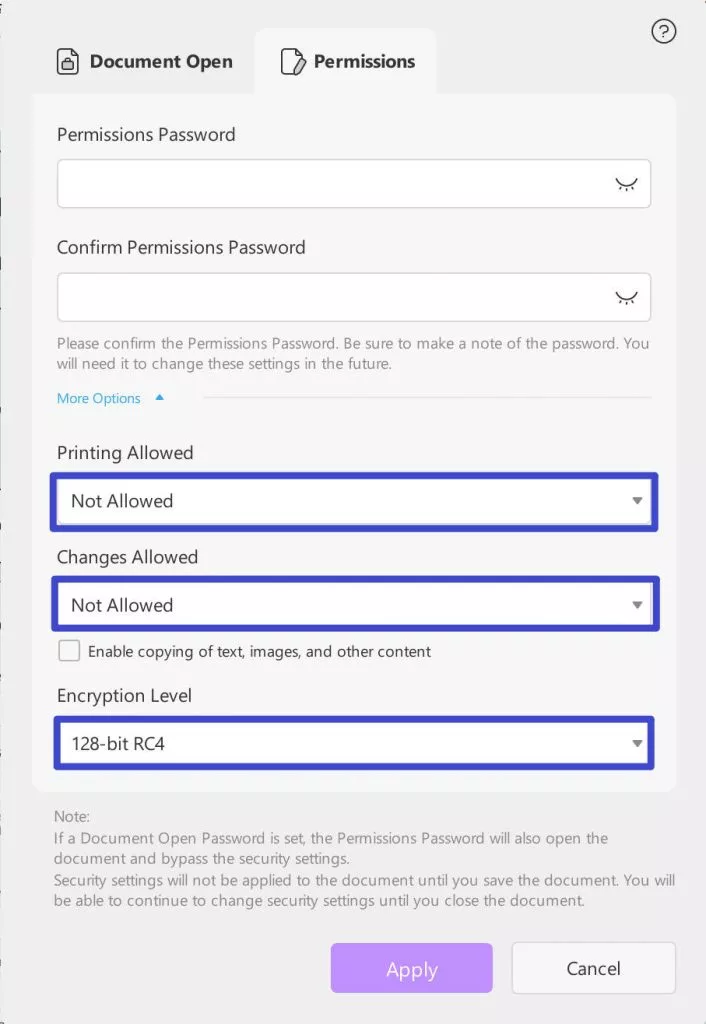 set permission password