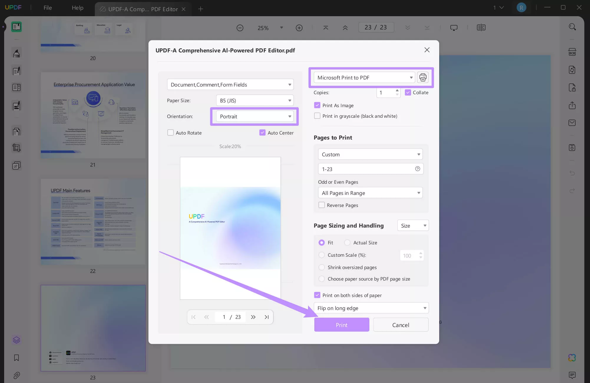 print to convert PDF from landscape to portrait with updf windows