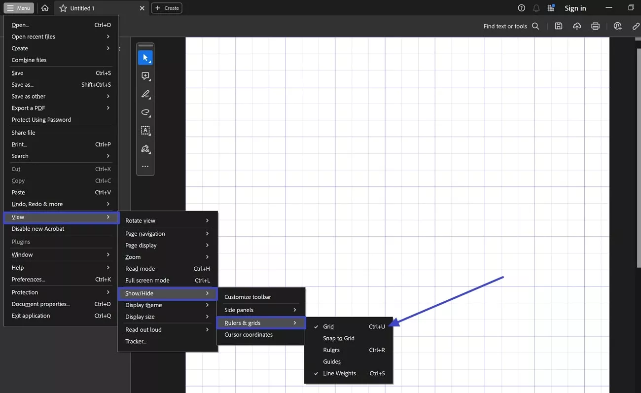  disable grid lines settings acrobat