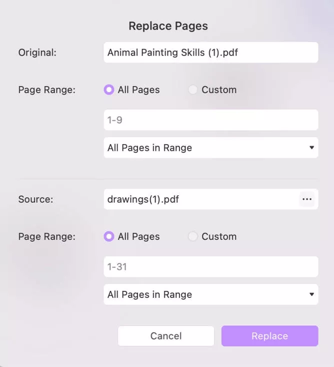 Customize the page range to replace in updf on mac