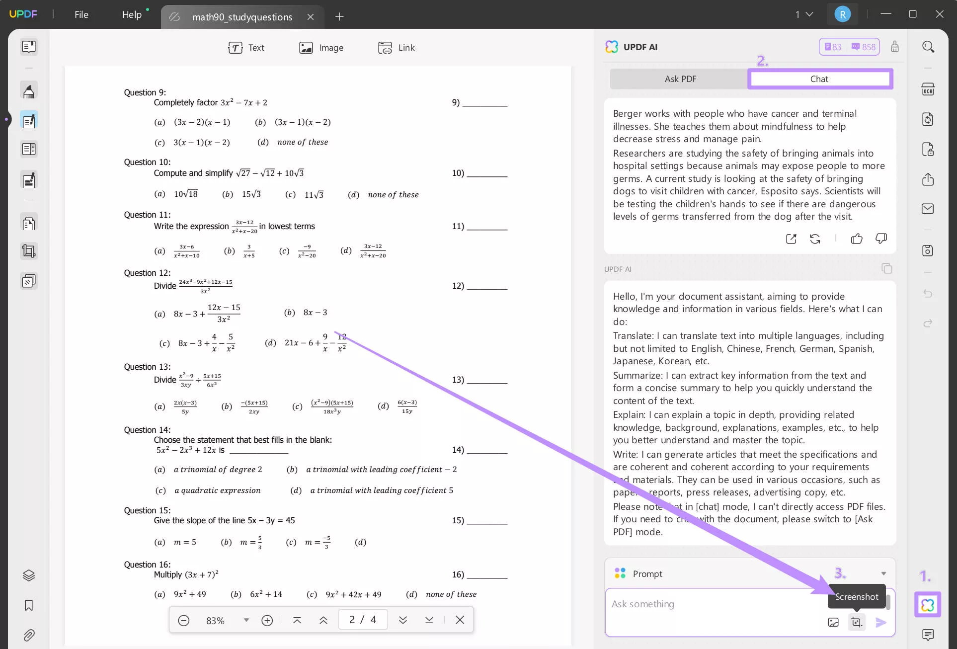 screenshot the equation in pdf with updf ai