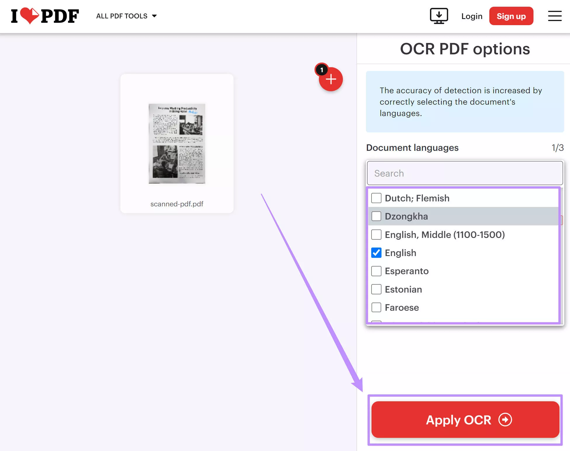 select the document language for ilovepdf ocr