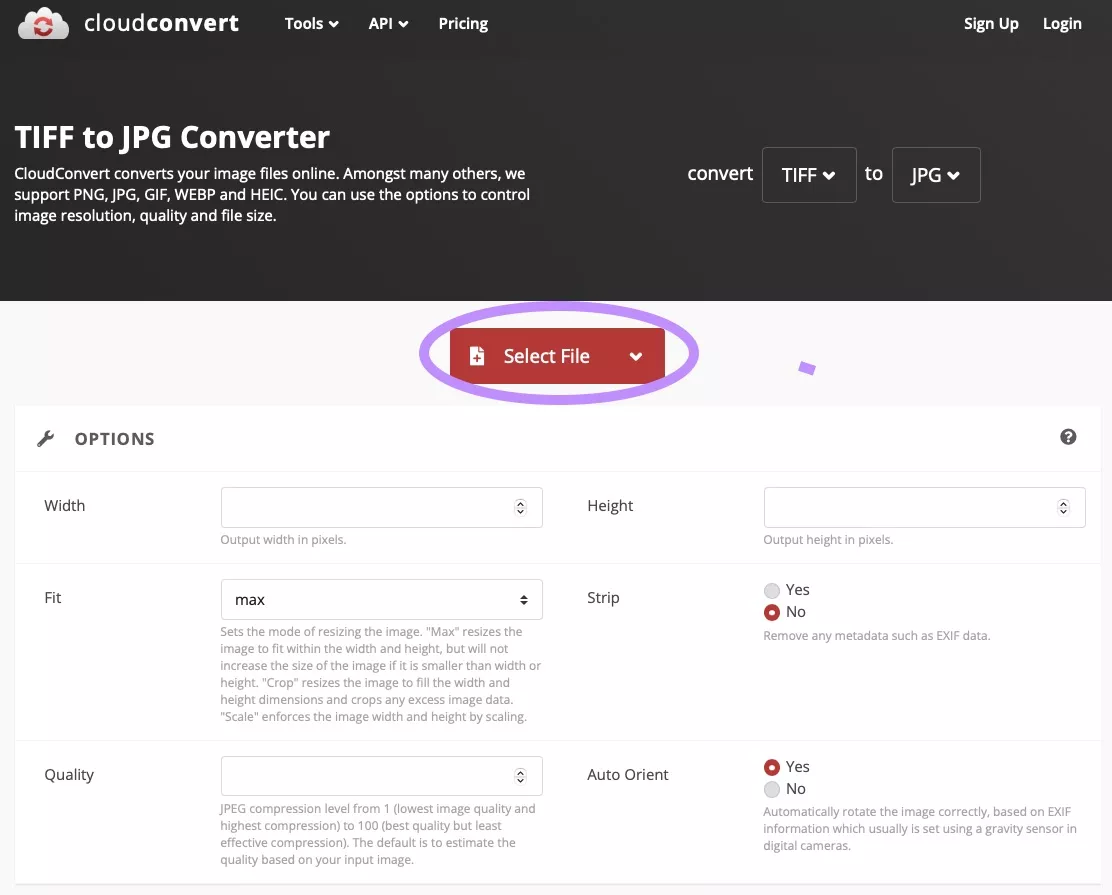 select file to convert tiff to jpg with cloudconvert