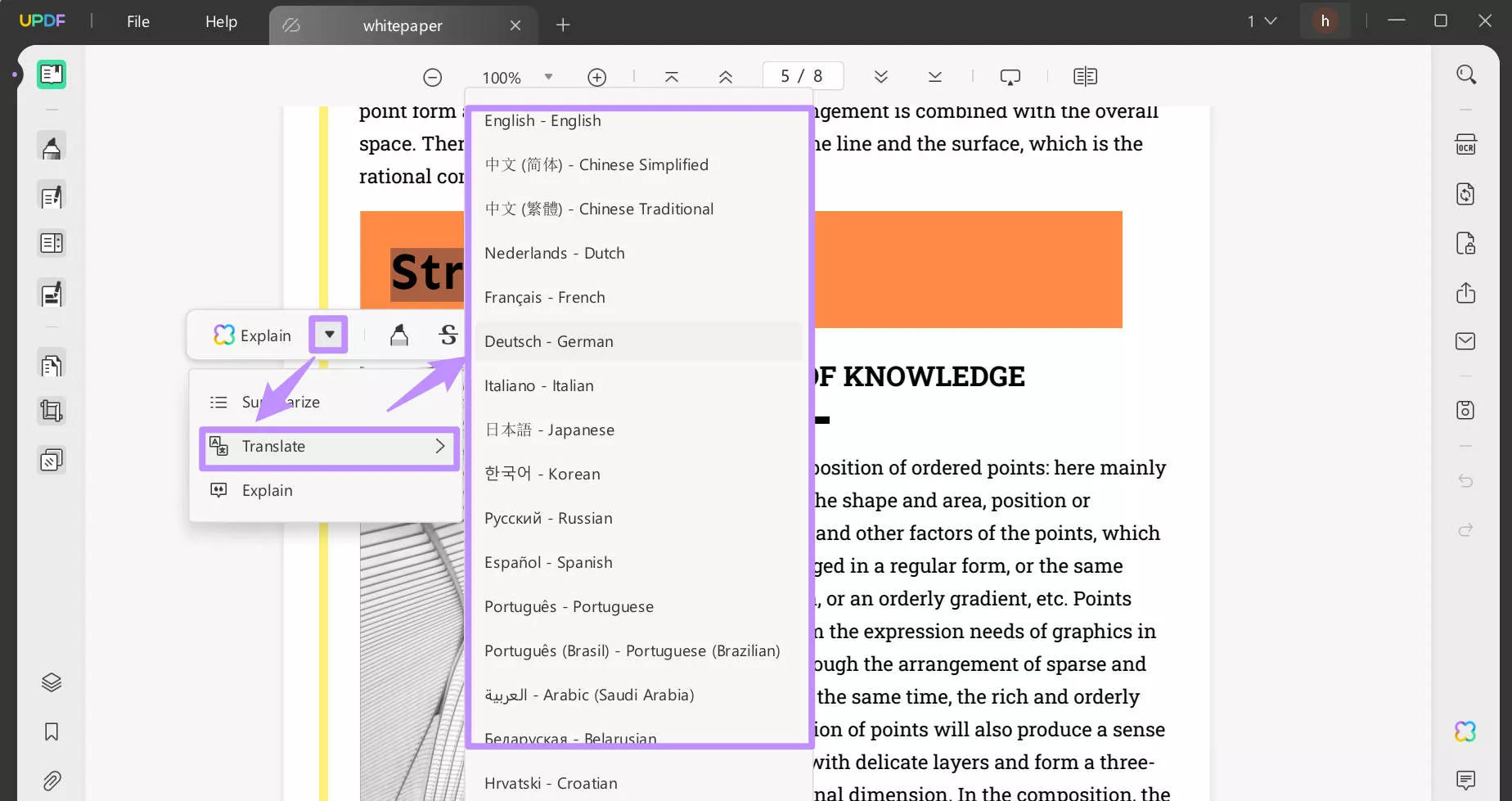 translate the explained term in updf ai windows