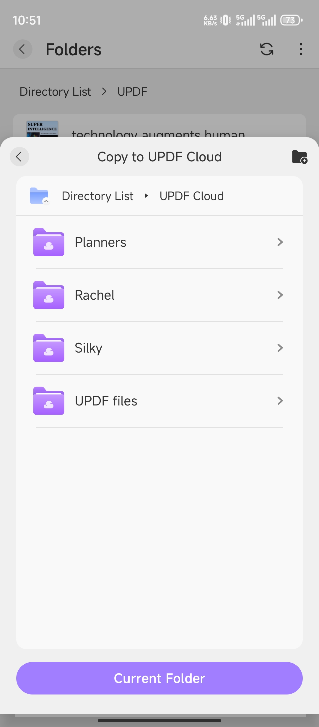เลือกโฟลเดอร์ใน UPDF Cloud เพื่อสร้างสำเนา PDF ใน UPDF Android