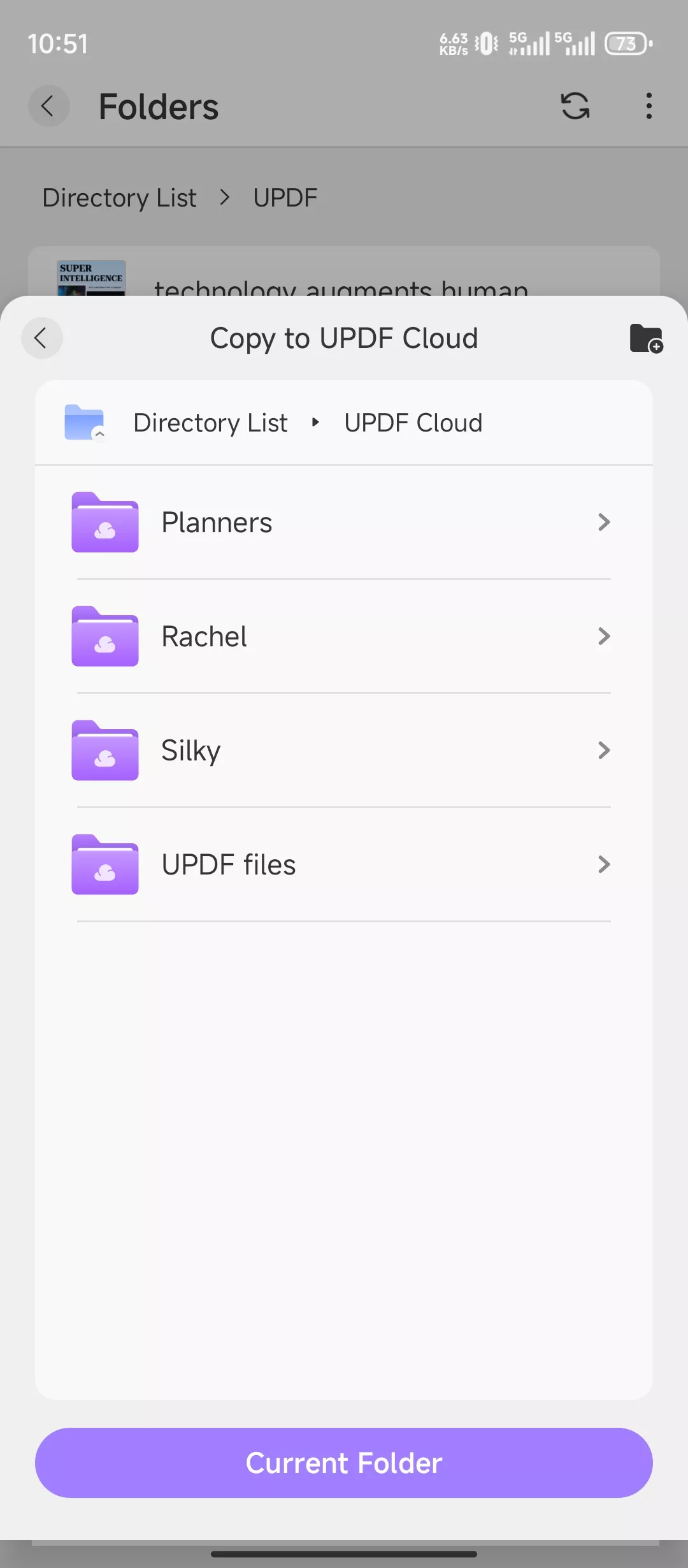 Select folder in UPDF Cloud to create a PDF copy in UPDF Android