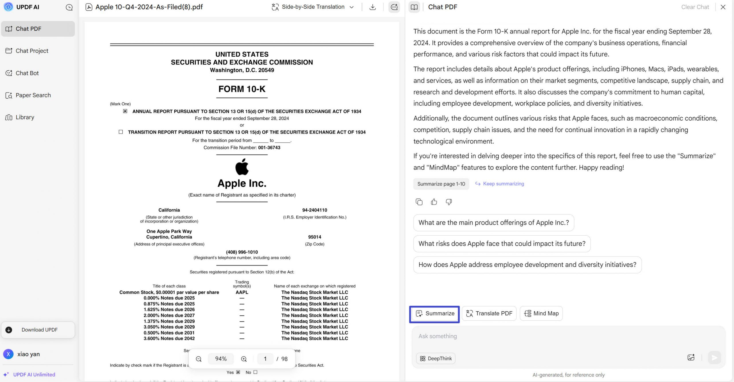click summarize by page in updf online ai