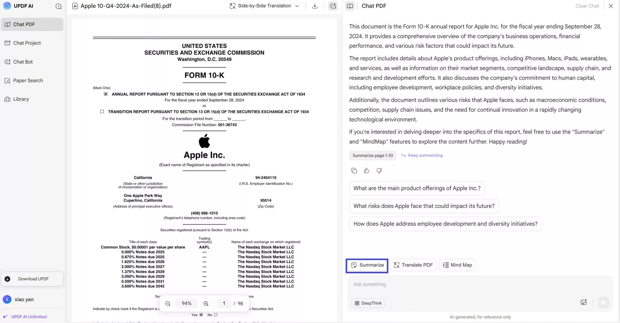 click summarize by page in updf online ai