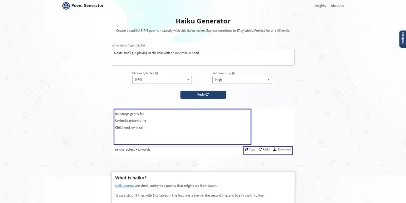 generazione di haiku con AI Poem Generator