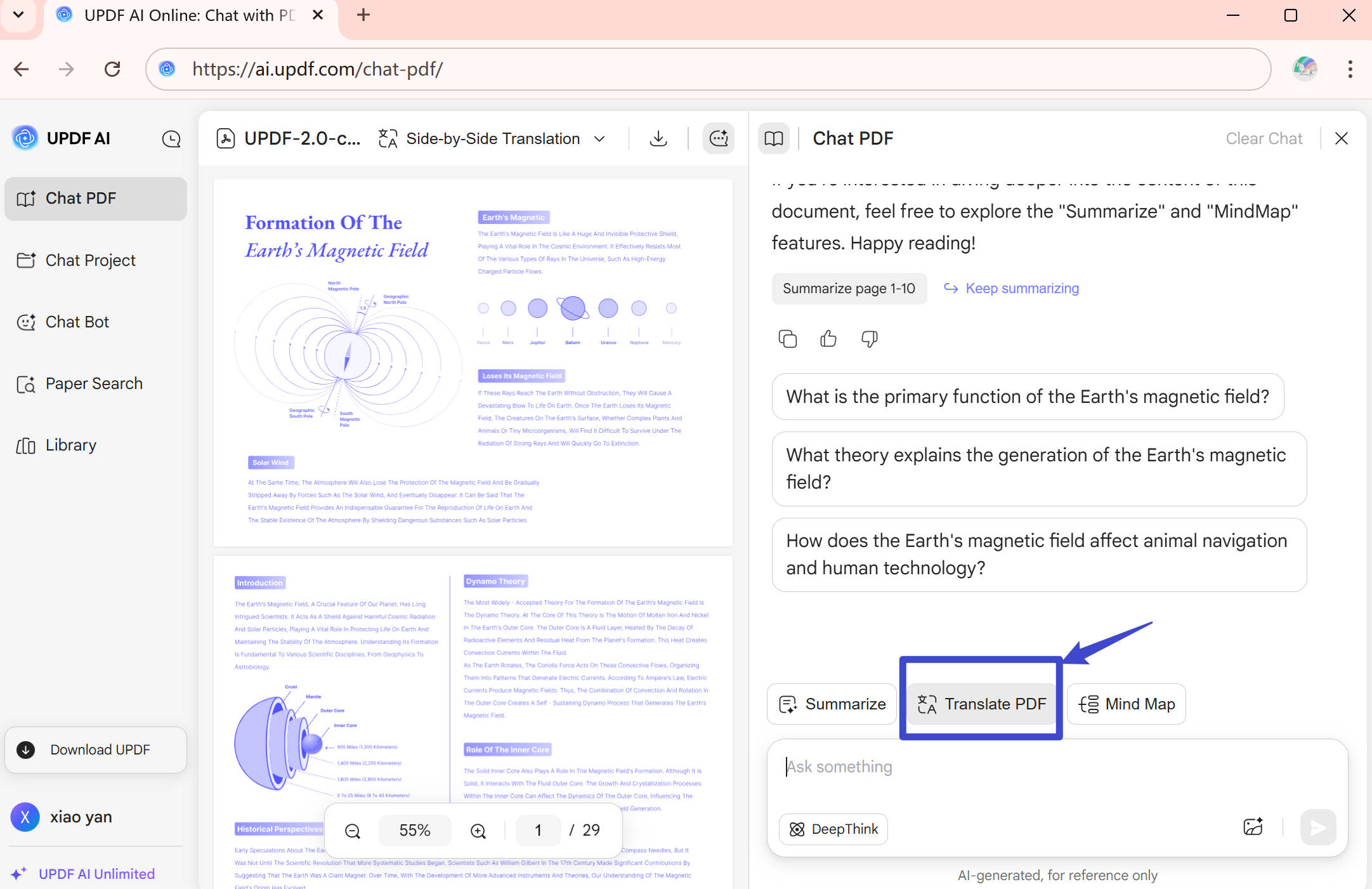 click translate by page in UPDF Online AI Assistant