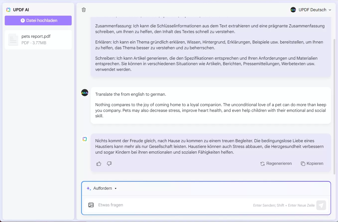 Übersetzen des pdf-Textes durch Kopieren und Einfügen in UPDF Online AI