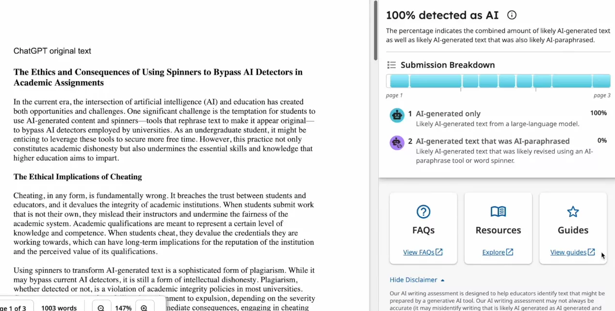 turnitin's detection of chatgpt text