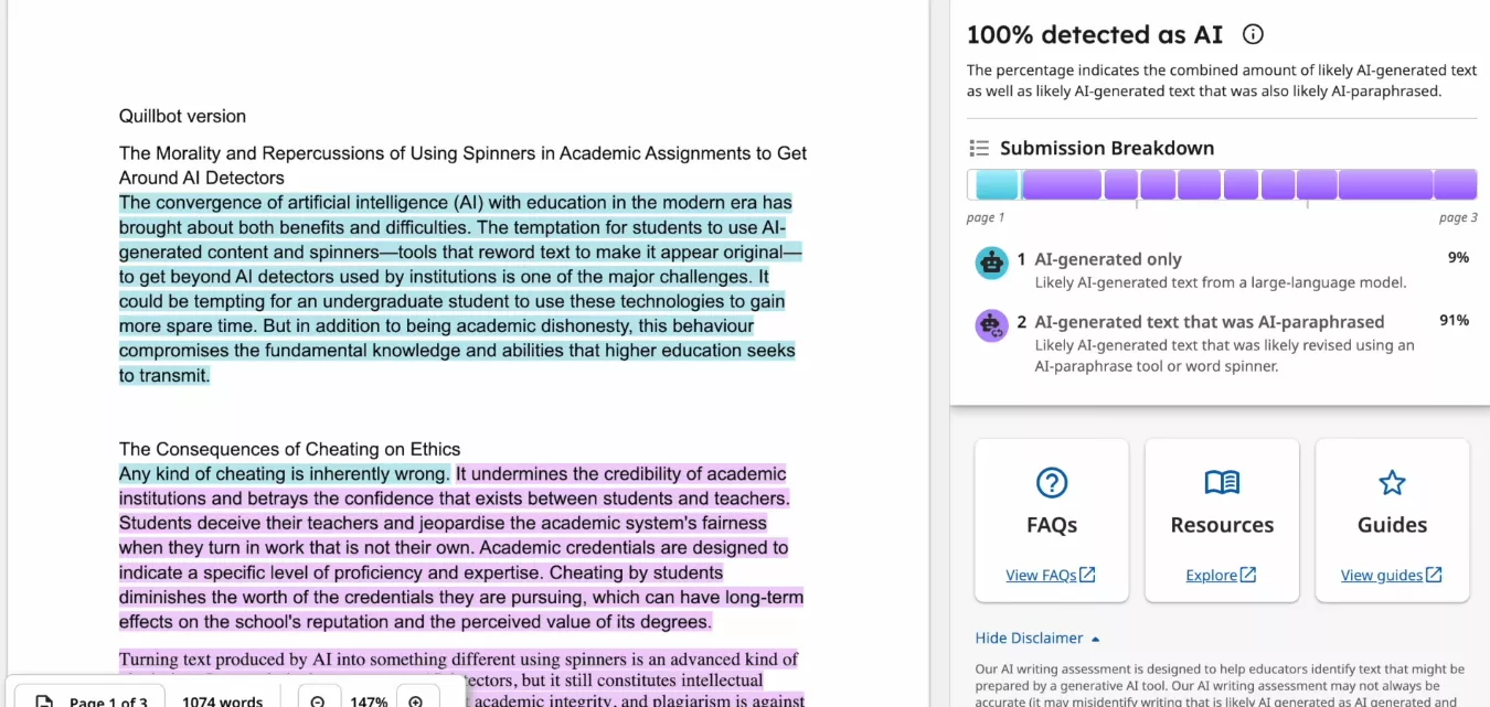 turnitin's detection of ai-paraphrased text