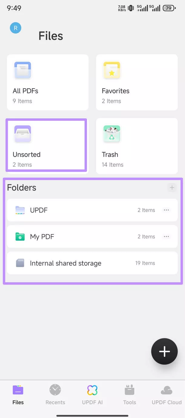 folders and unsorted in updf on android