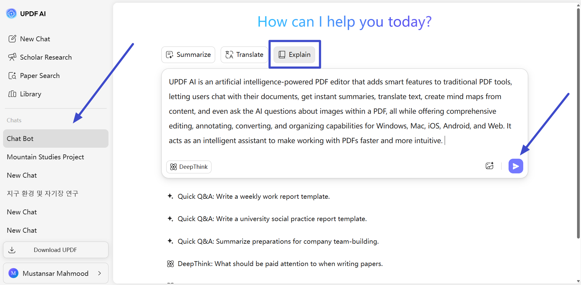 enter text and explain in chatbot