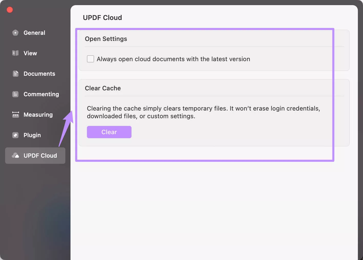 UPDF Cloud preferences in UPDF mac