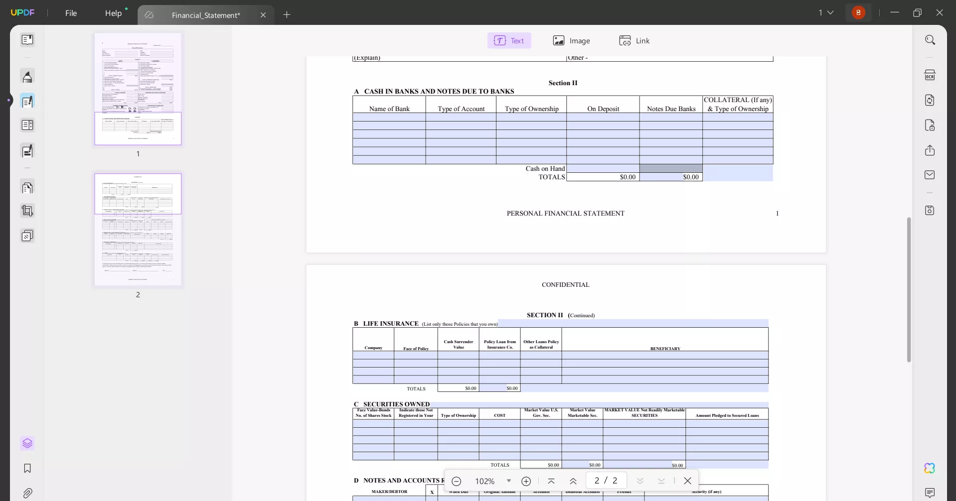 financial statement form add fields