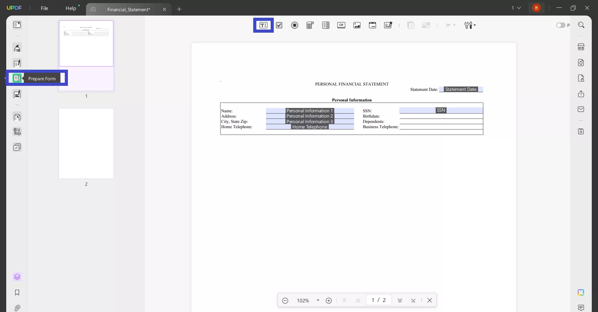 financial statement form add text