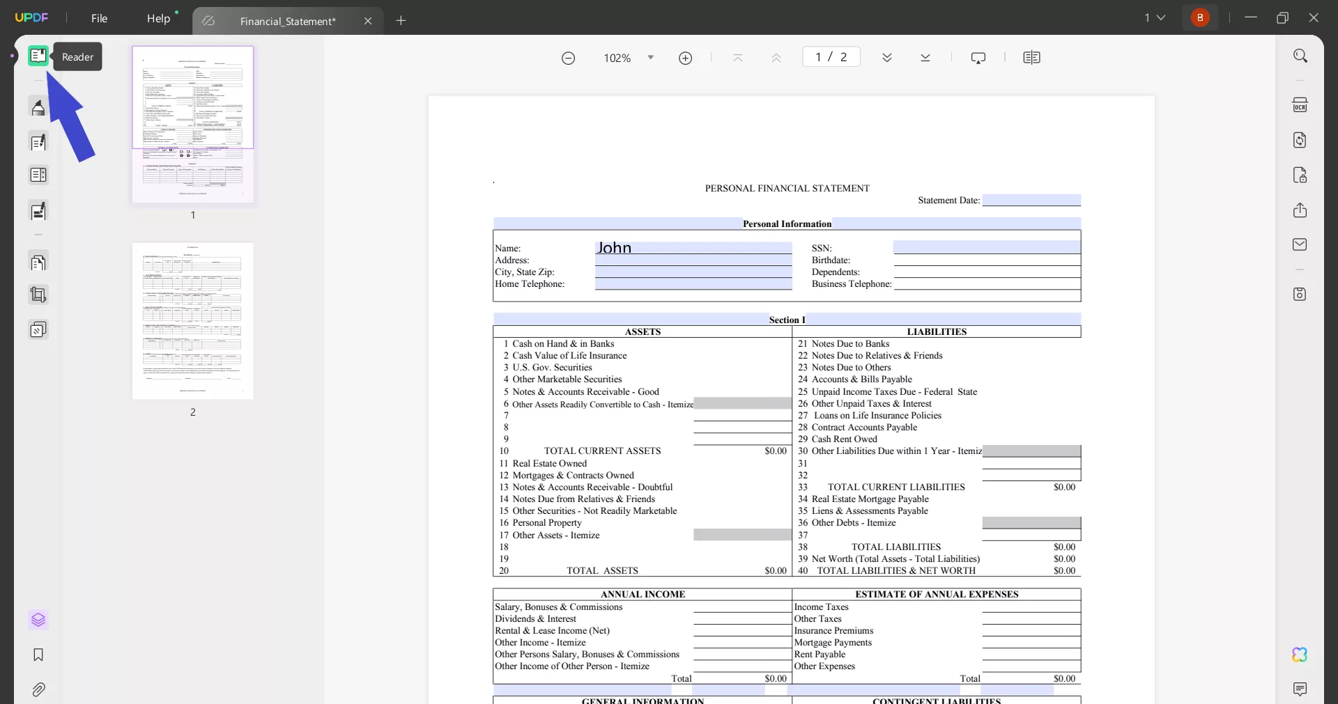 financial statement form read mode