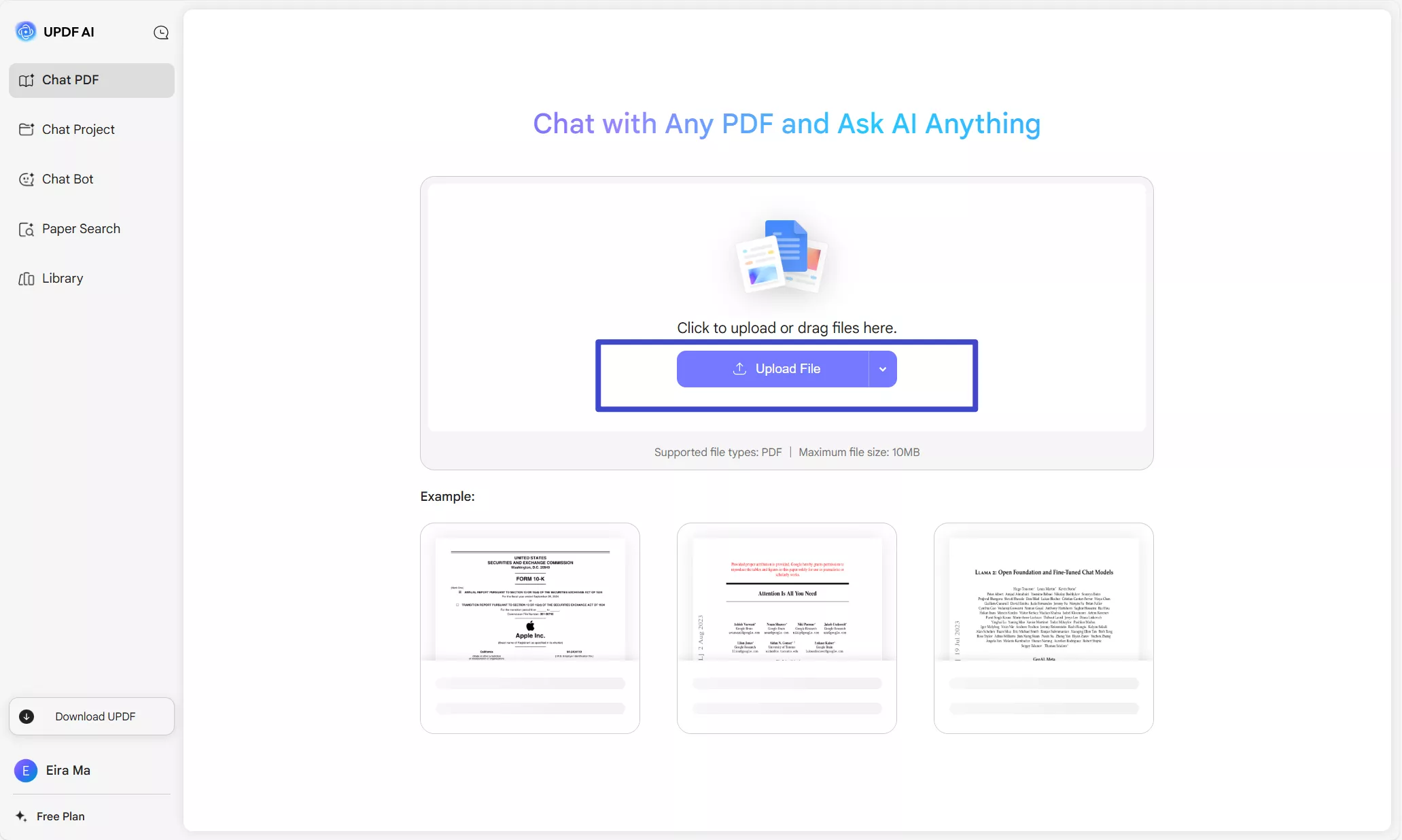 upload pdf file updf ai