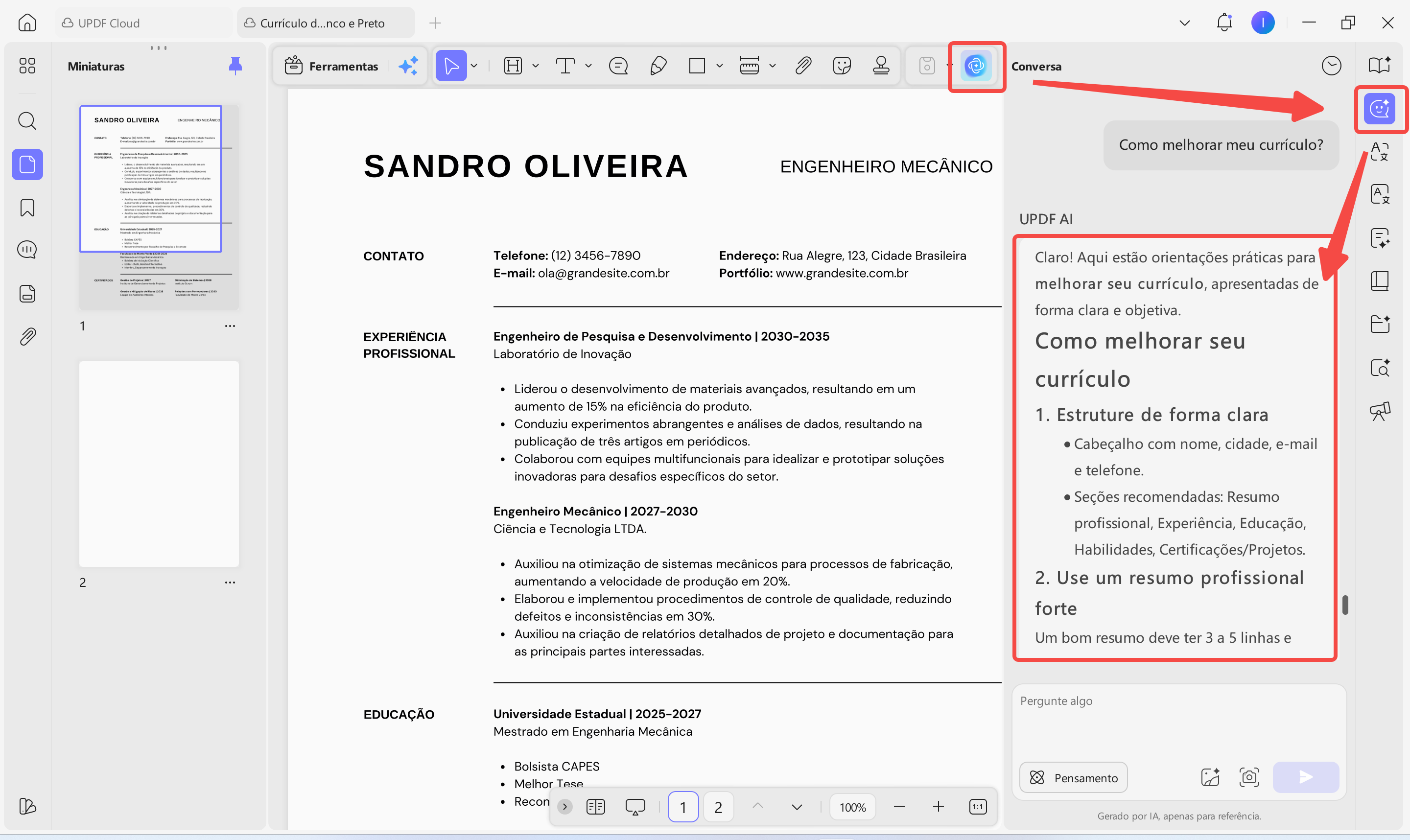 melhorar currículo com updf ai