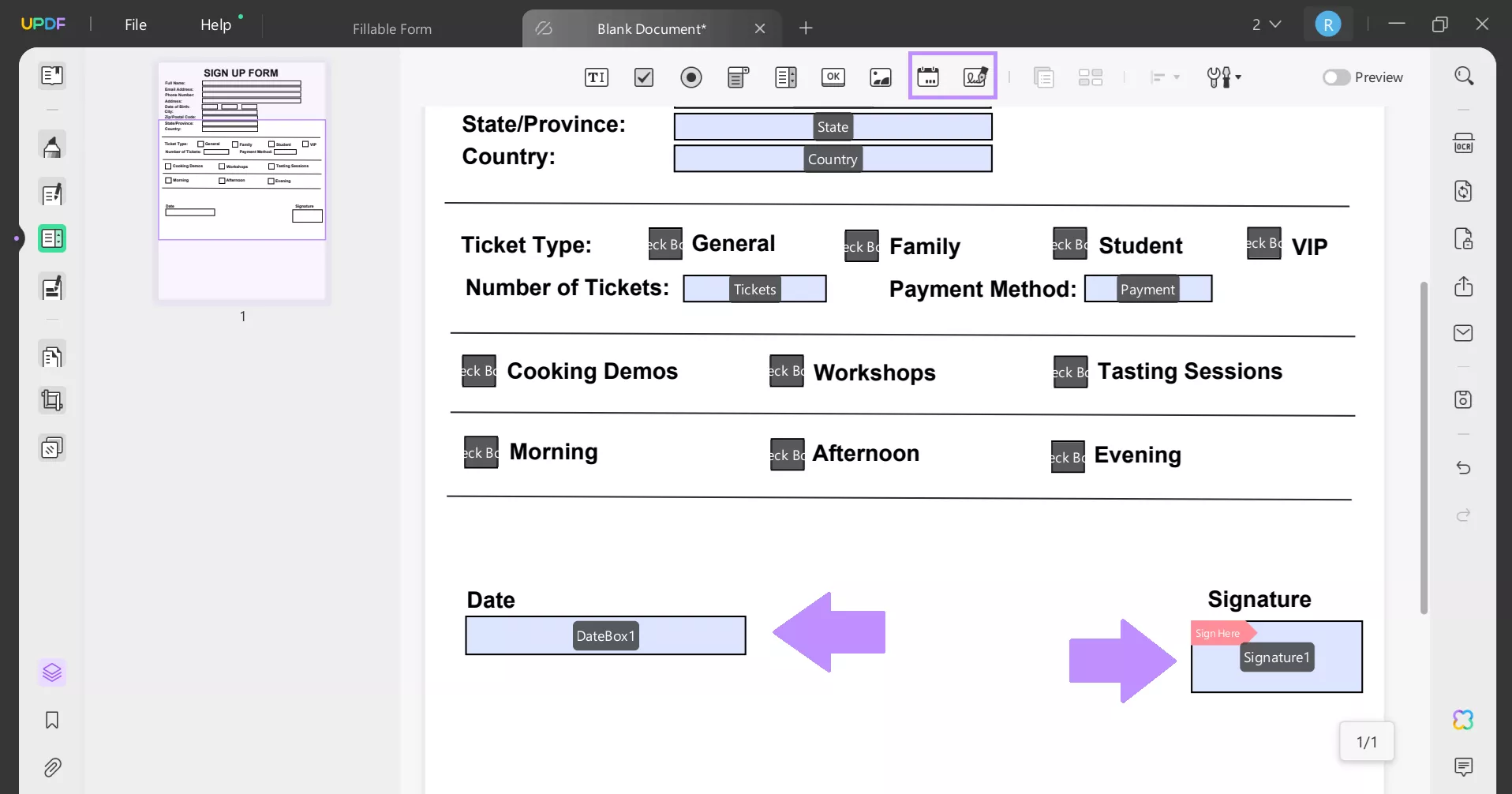 add date and signature fields updf windows