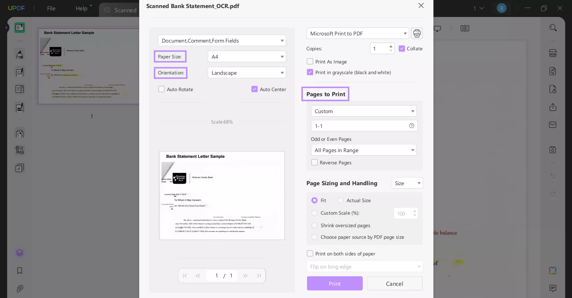 adjust print settings in updf windows