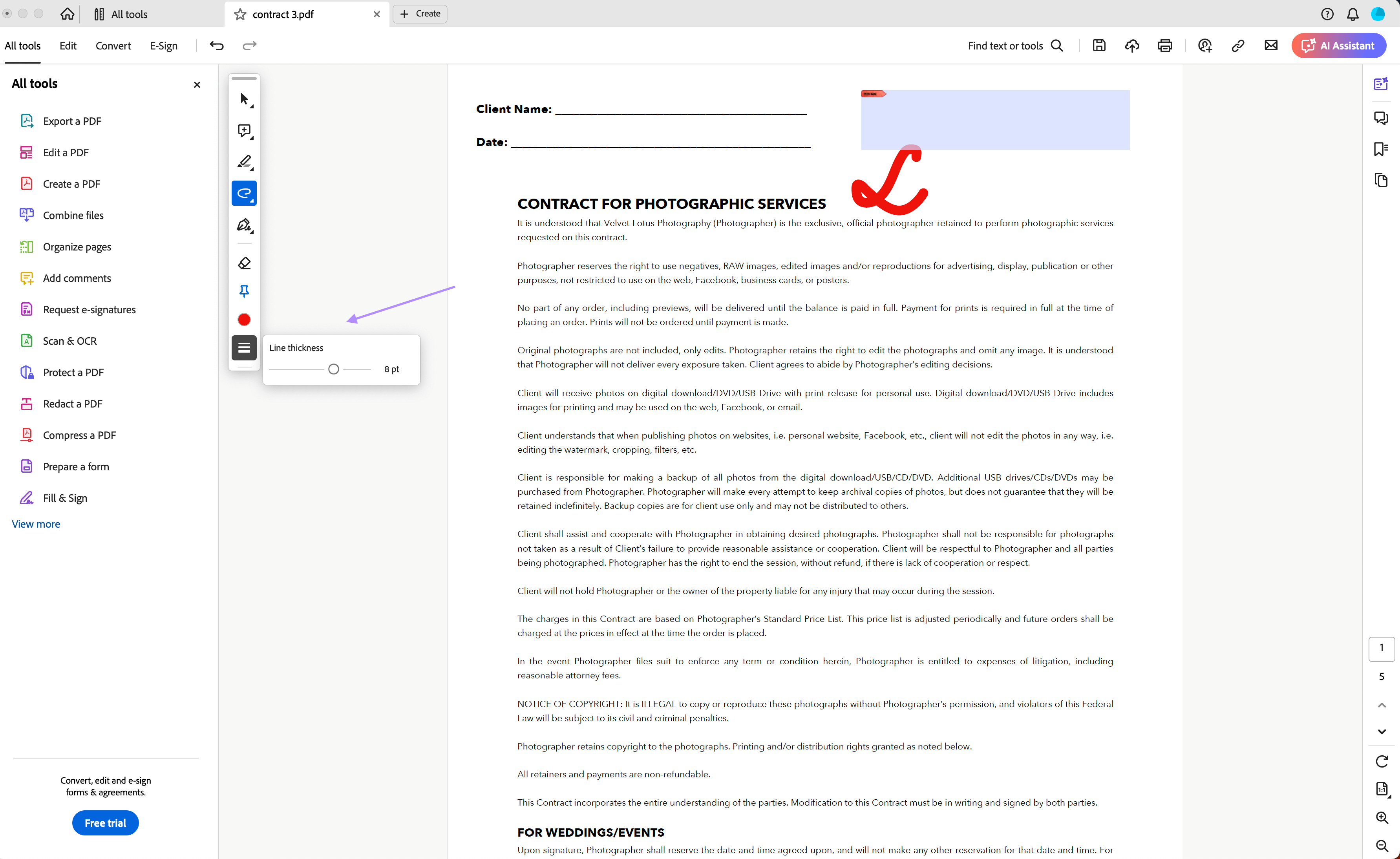 adjust the thickness for the pen adobe acrobat