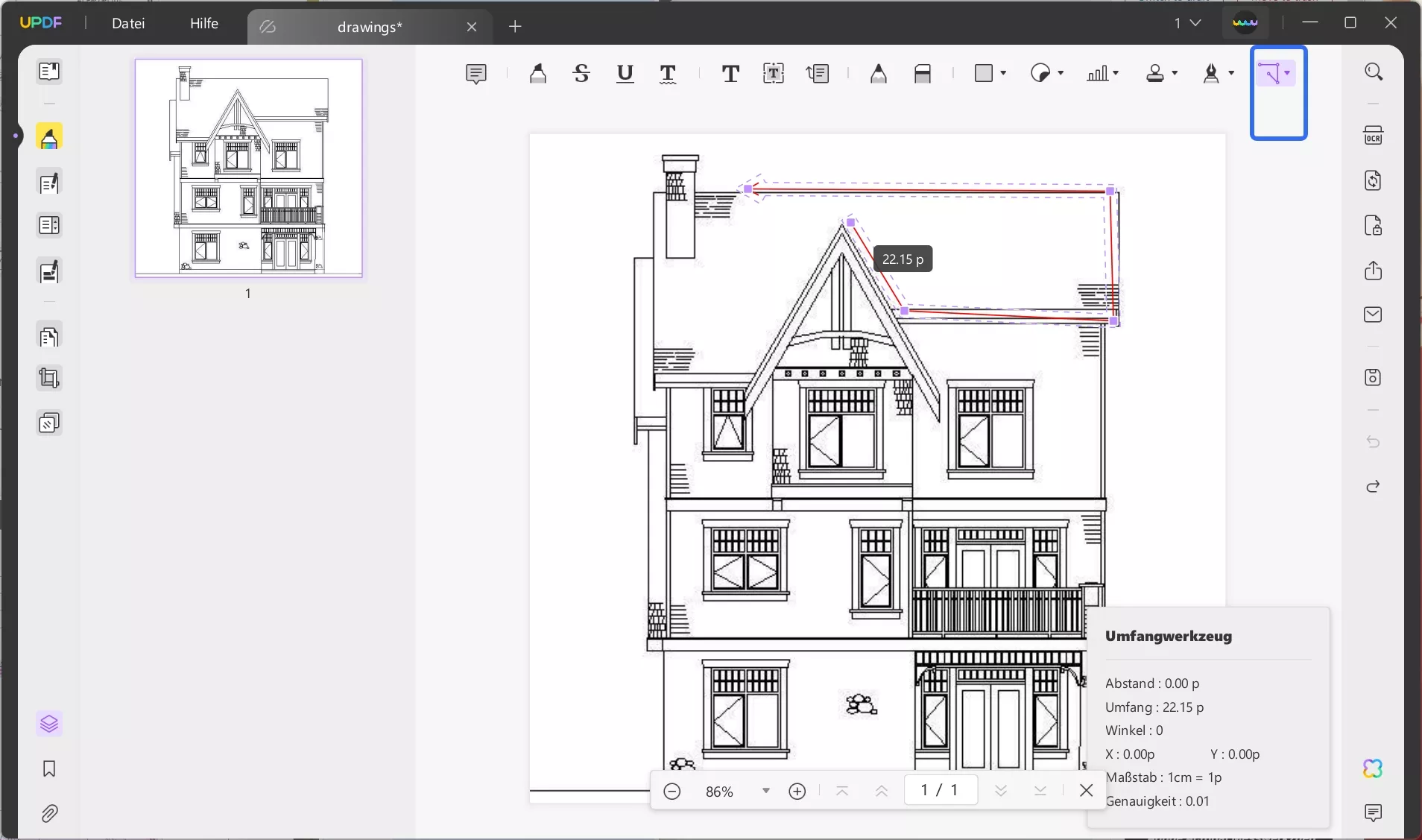 Adobe Acrobat Messwerkzeug UPDF Umfang messen