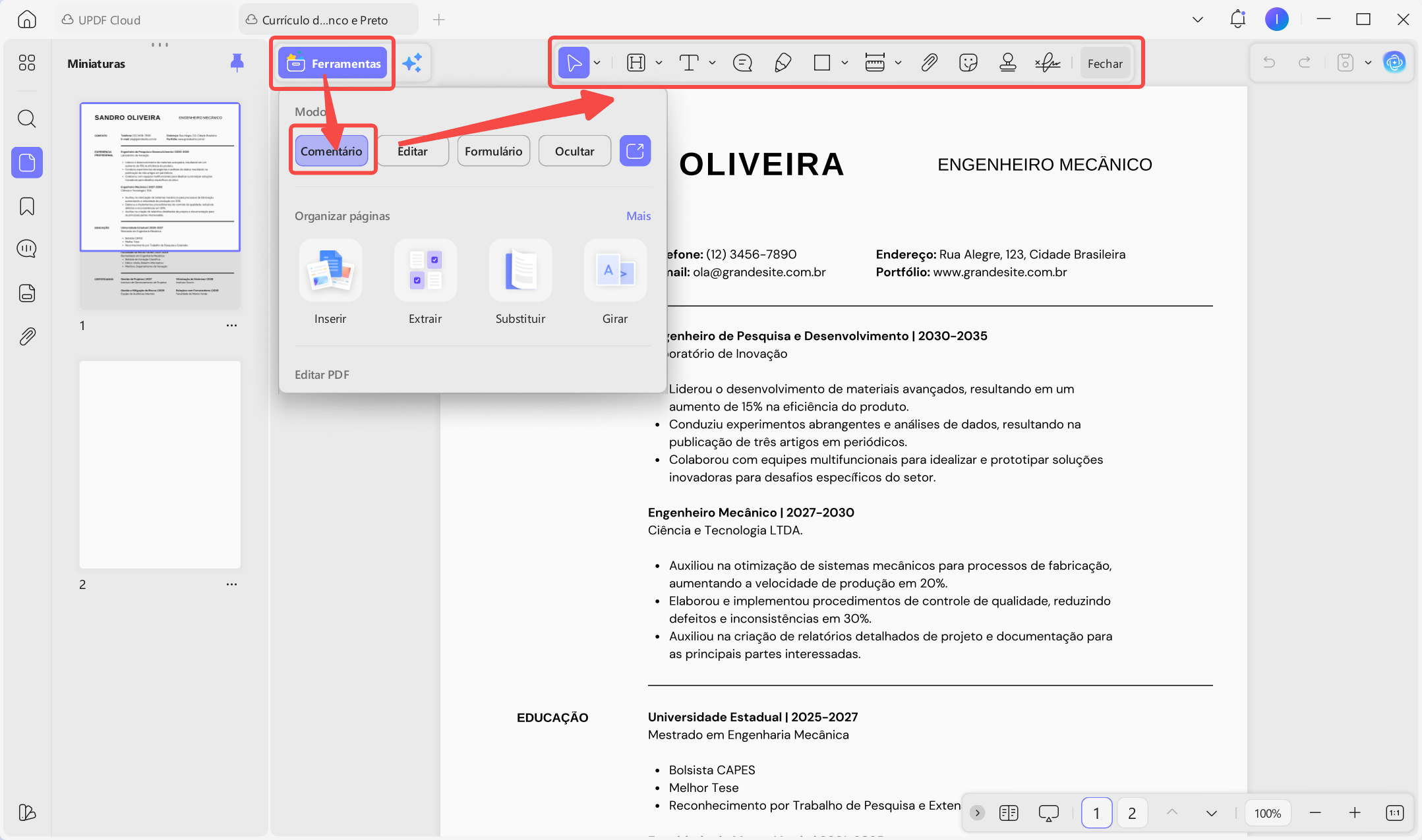 Faça anotações no seu currículo no modo de comentário