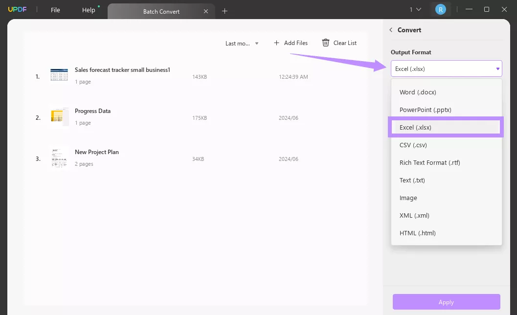 select the excel output format in batch convert in updf