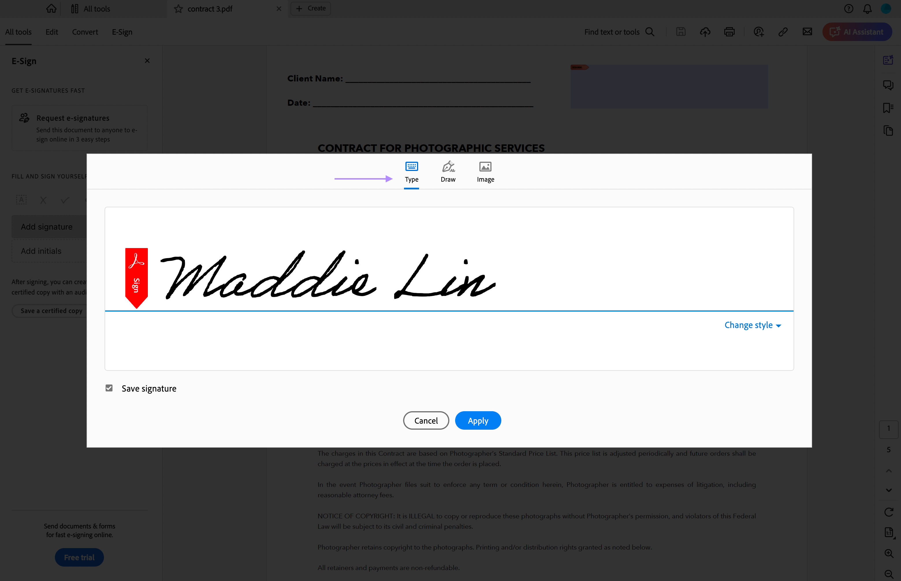 choose the type to sign in adobe acrobat