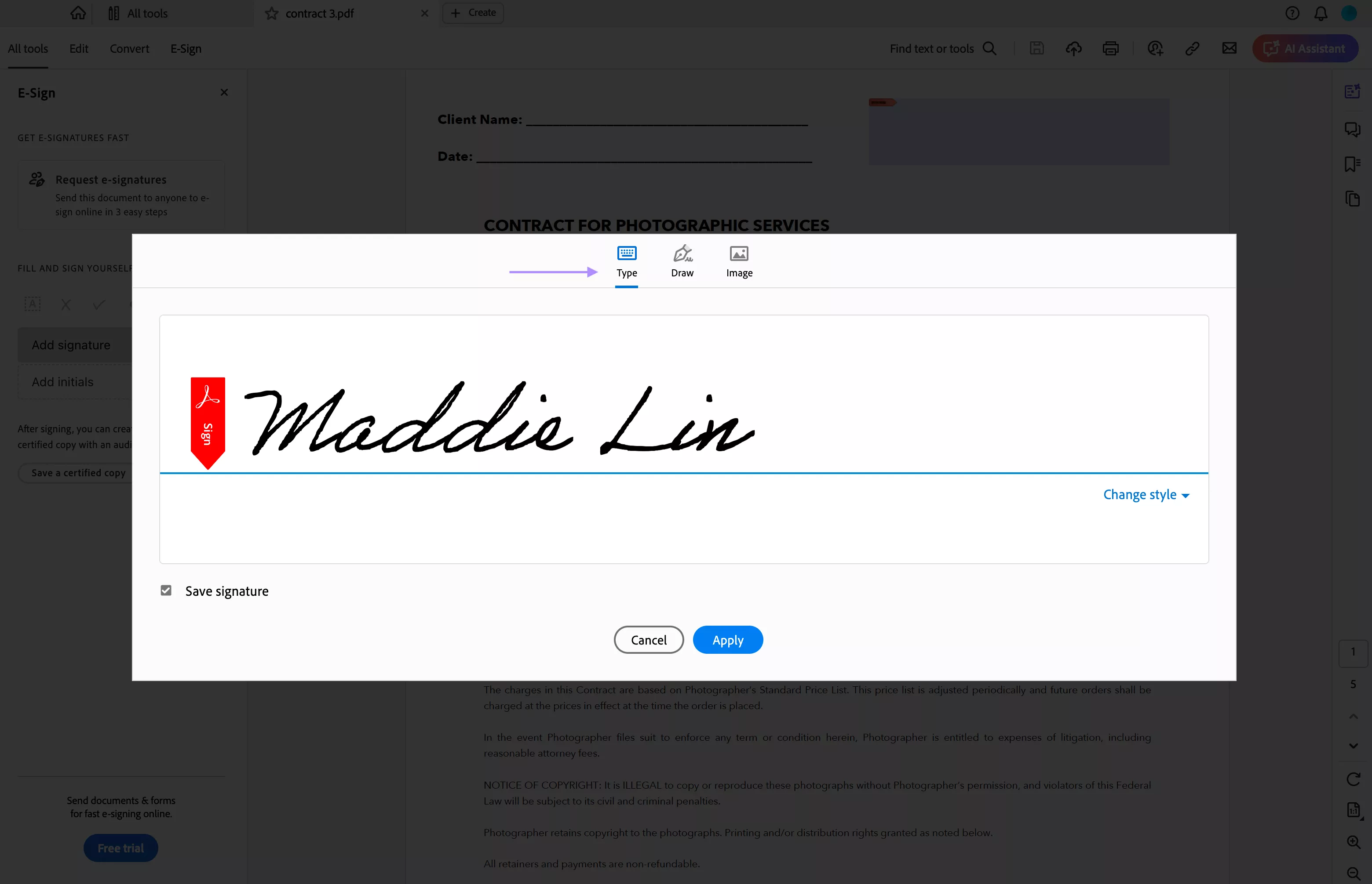 choose the type to sign in adobe acrobat