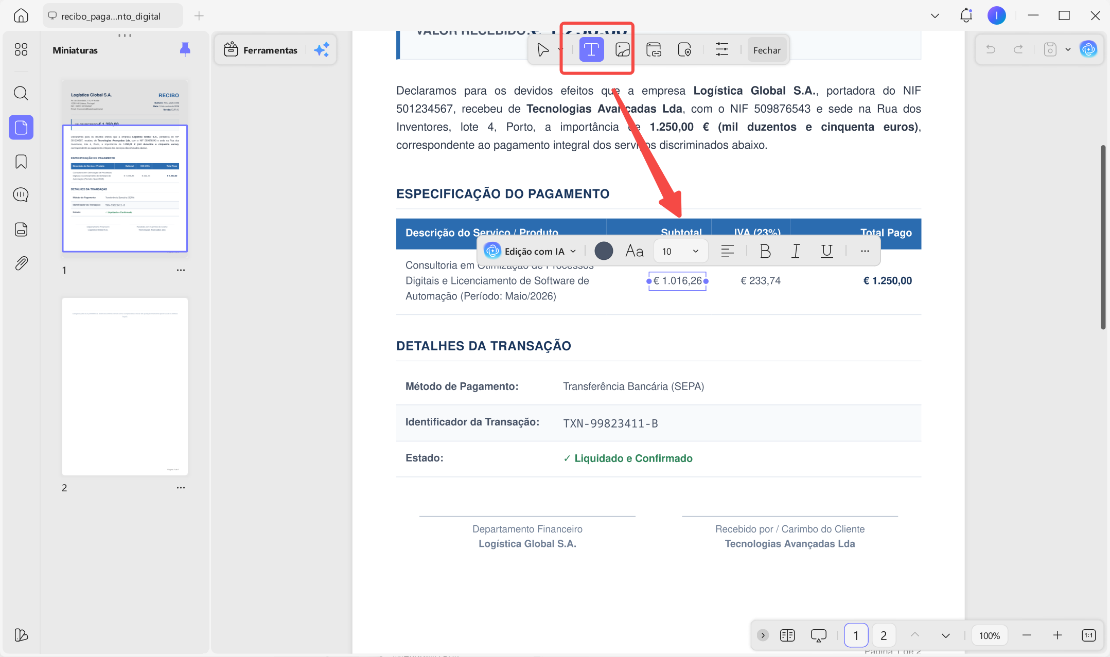 clique "Inserir & Editar Texto" para alterar informações como: