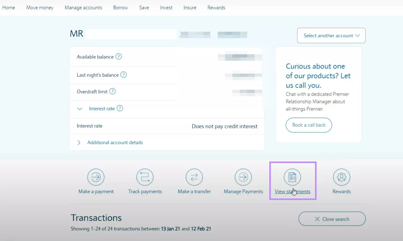click on view statement to access bank statement.