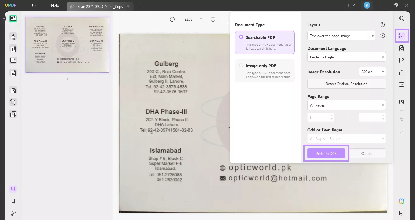 click the perform ocr button updf windows