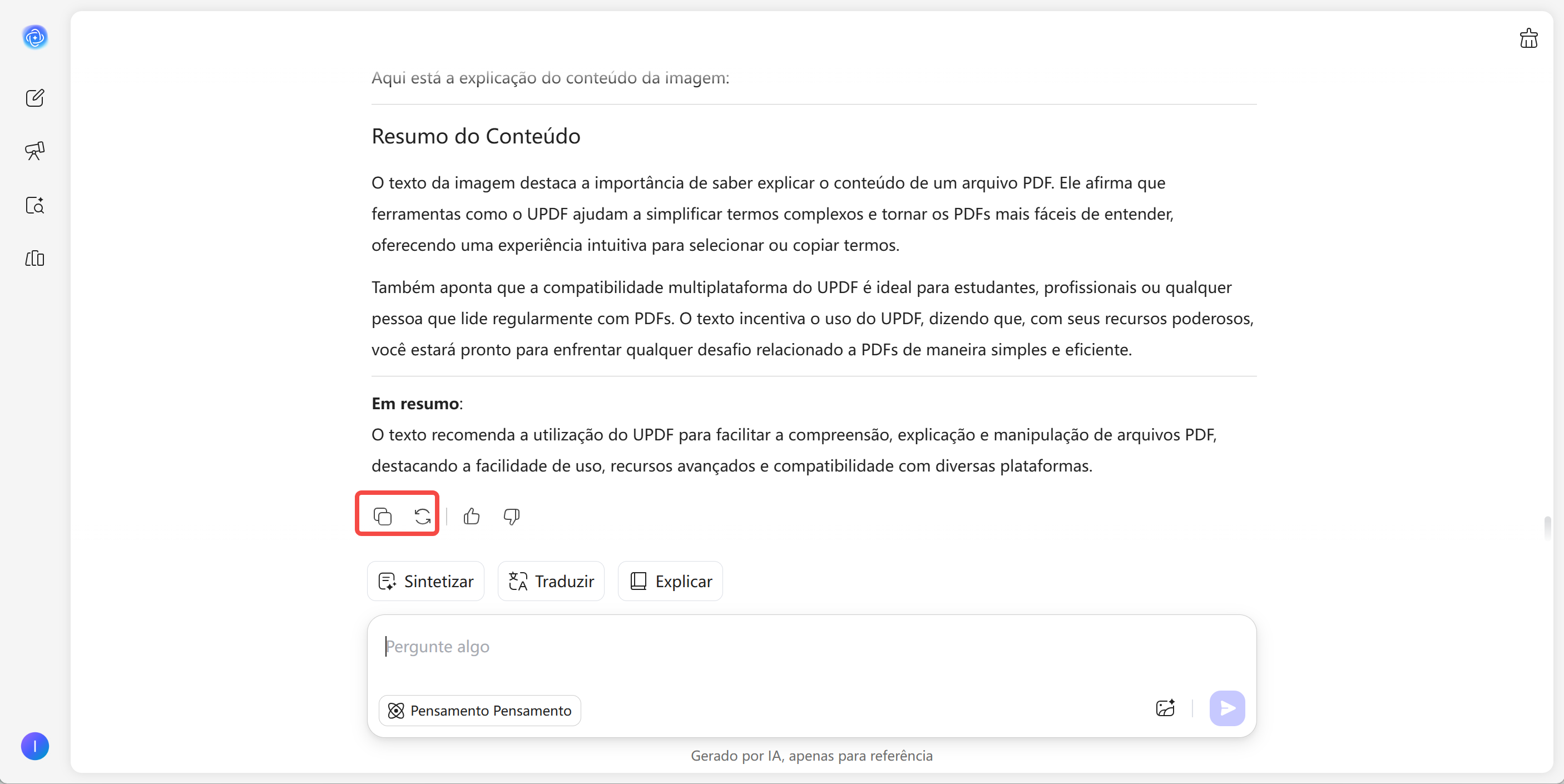 copie ou regenere os resultados do chatbot de updf ai
