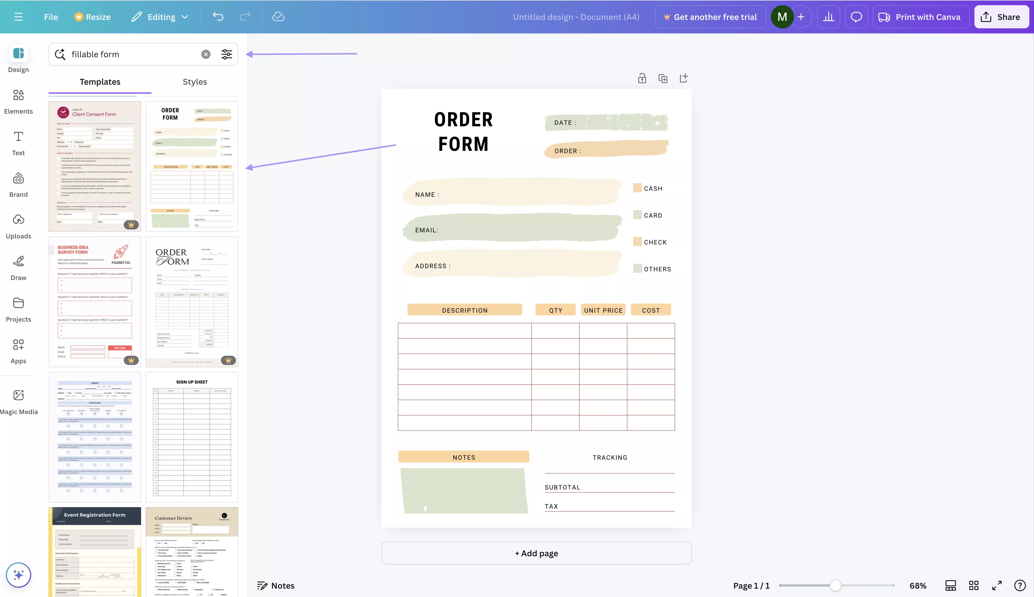 find the fillable form templates in canva