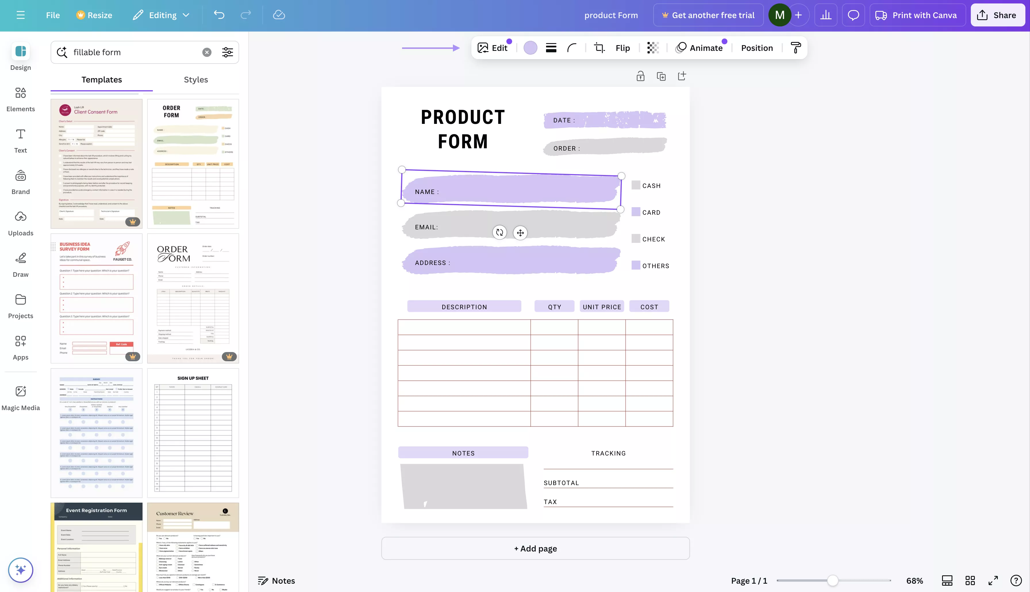 adjust the setting for the fillable PDF form template with canva