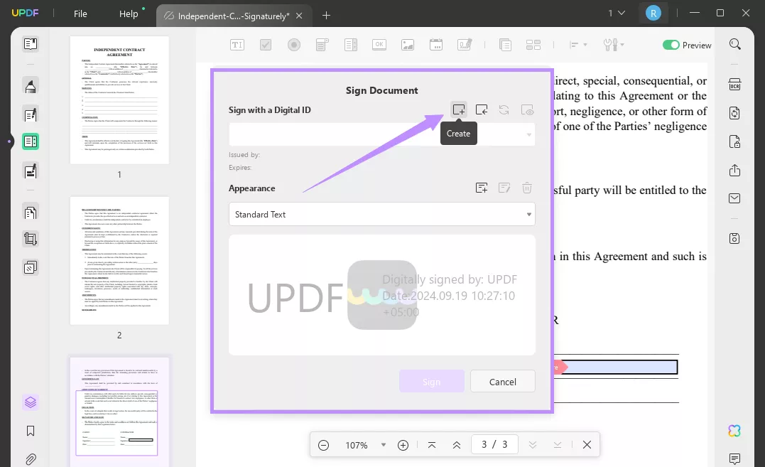 create digital signature in updf on windows