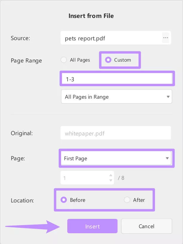 adjust settings and click insert in updf windows