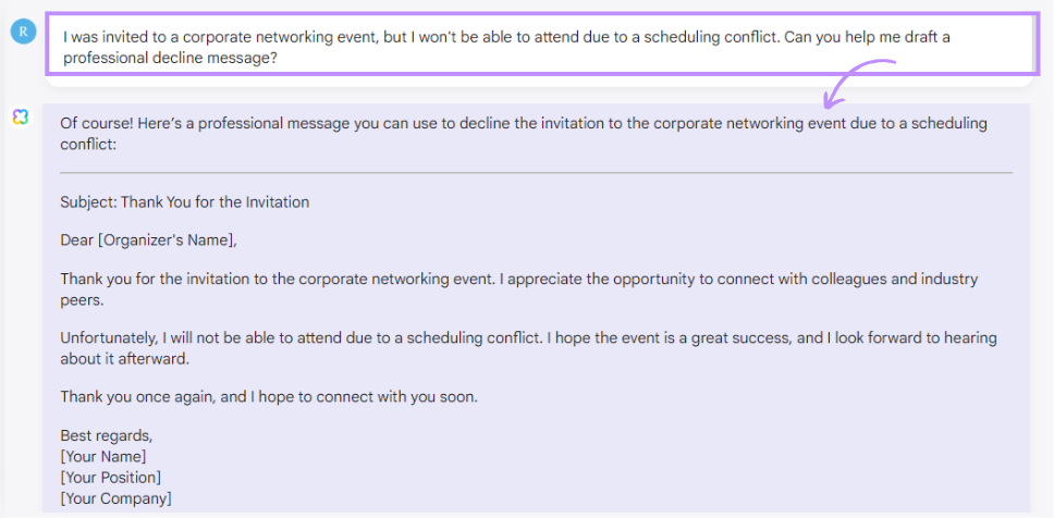decline an invitation professionally for corporate networking event