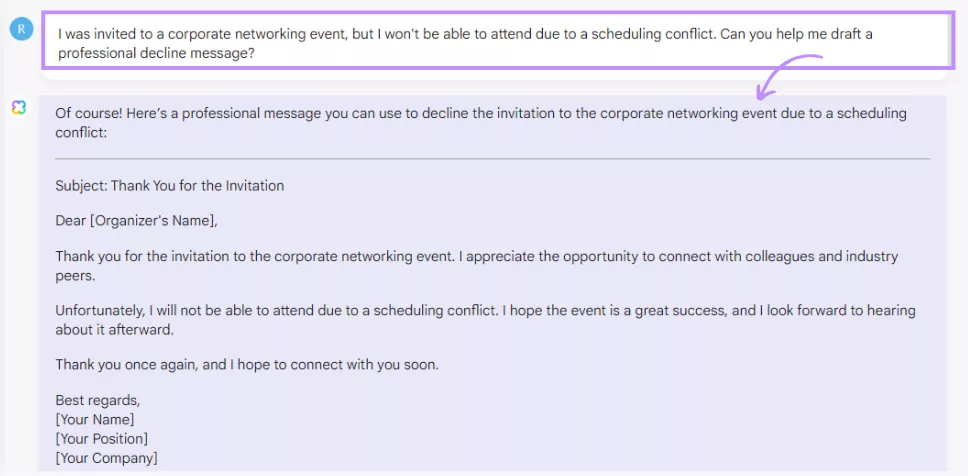 decline an invitation professionally for corporate networking event